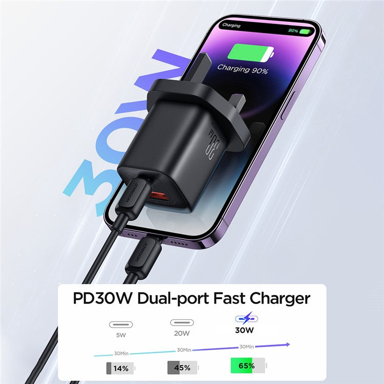 JOYROOM JR-TCF08 Speed Series UK Plug 30W USB+Type-C Wall Charger PD + QC3.0 Plastic Fast Charging Adapter