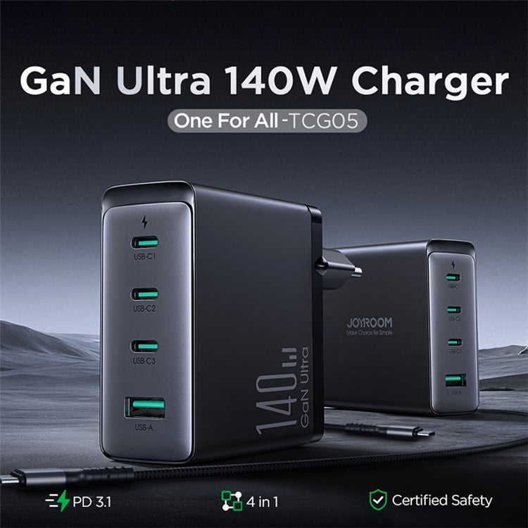 JOYROOM TCG05 140W GaN EU Plug Charger USB + 3*Type-C Phone Tablet Fast Charging Adapter with Type-C to Type-C Cable