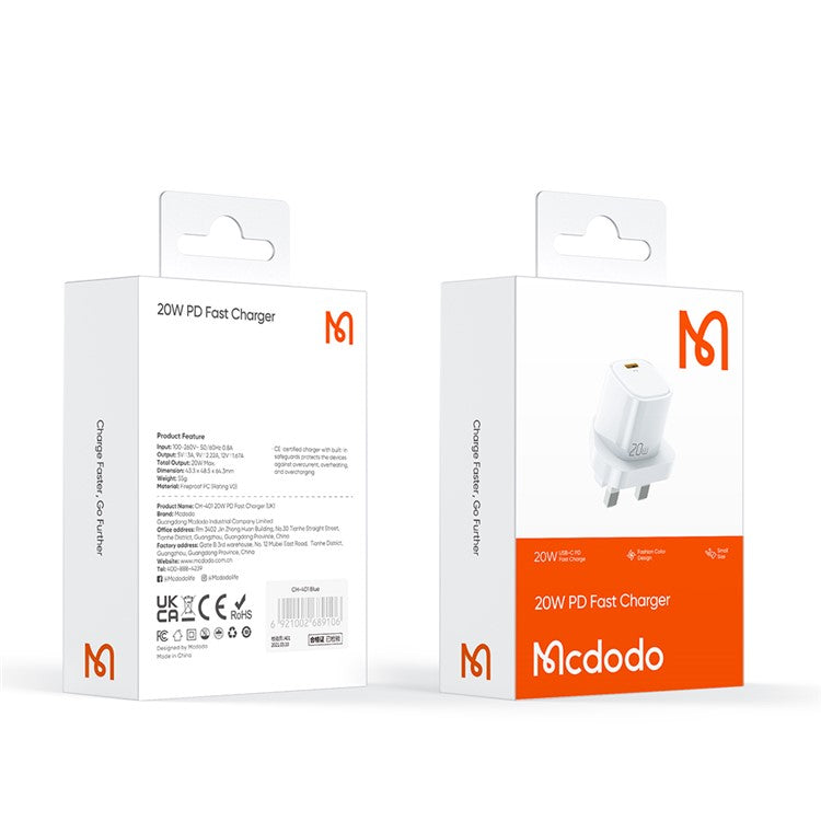 MCDODO Nano Series PD 20W Phone Fast Charging Adapter Singe Type-C Port Wall Charger - White / UK Plug
