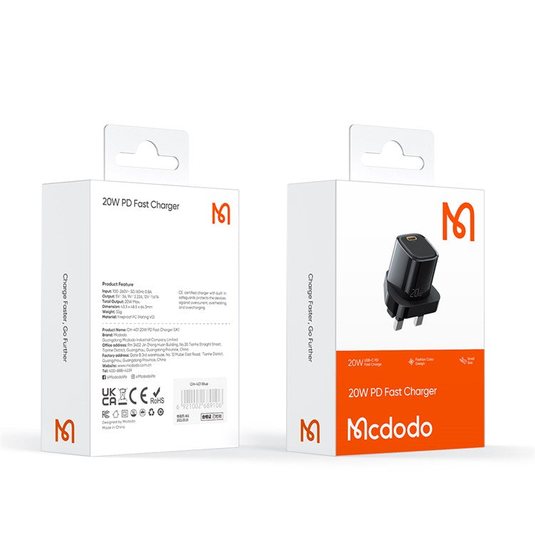 MCDODO Nano Series PD 20W Phone Fast Charging Adapter Singe Type-C Port Wall Charger - Black / UK Plug