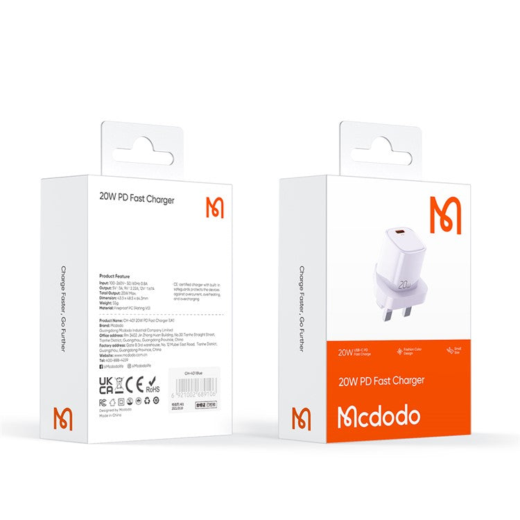 MCDODO Nano Series PD 20W Phone Fast Charging Adapter Singe Type-C Port Wall Charger - Purple / UK Plug
