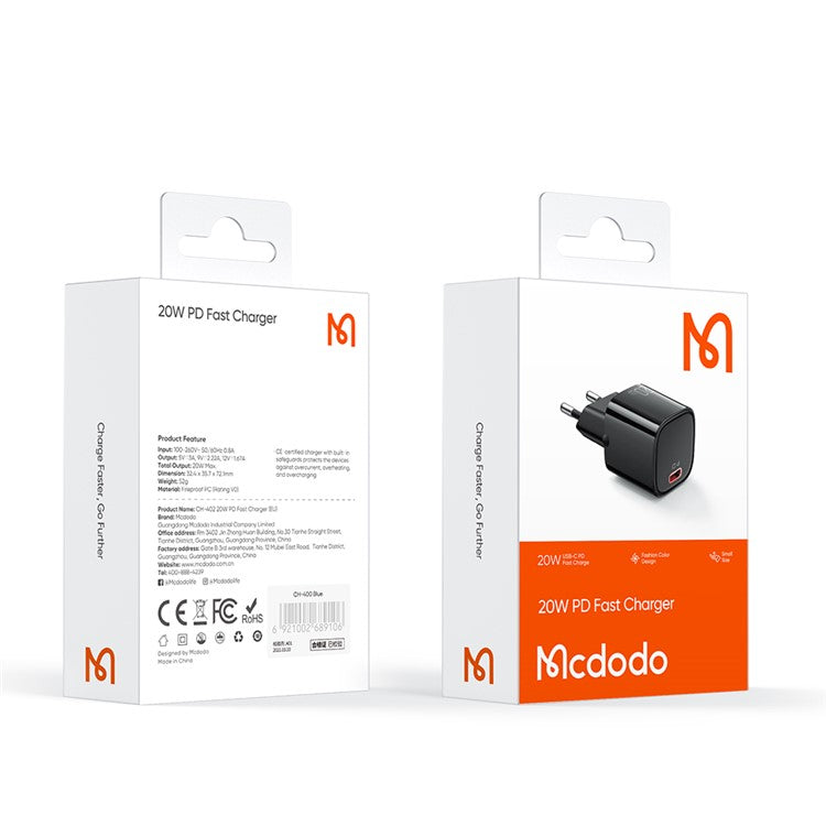 MCDODO Nano Series PD 20W Phone Fast Charging Adapter Singe Type-C Port Wall Charger - Black / EU Plug