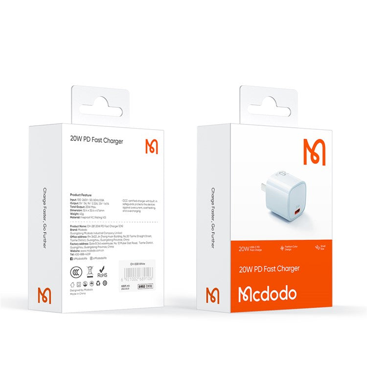MCDODO Nano Series PD 20W Phone Fast Charging Adapter Singe Type-C Port Wall Charger - Blue / CN Plug
