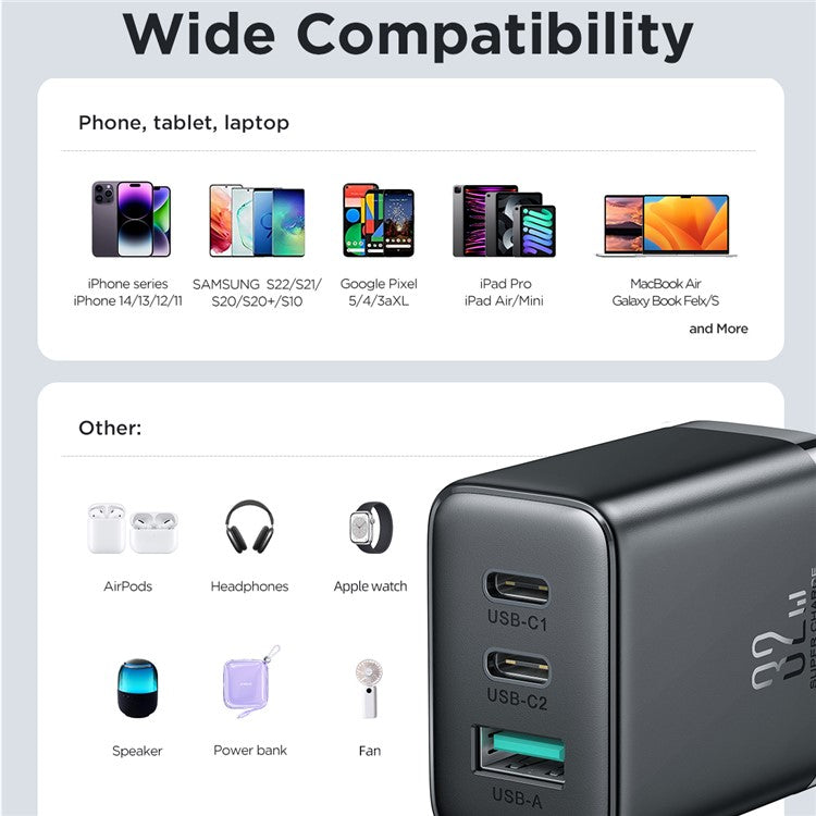 JOYROOM TCF10 32W 3-port Wall Charger 1 USB + 2 Type-C Fast Charging Adapter, UK Plug