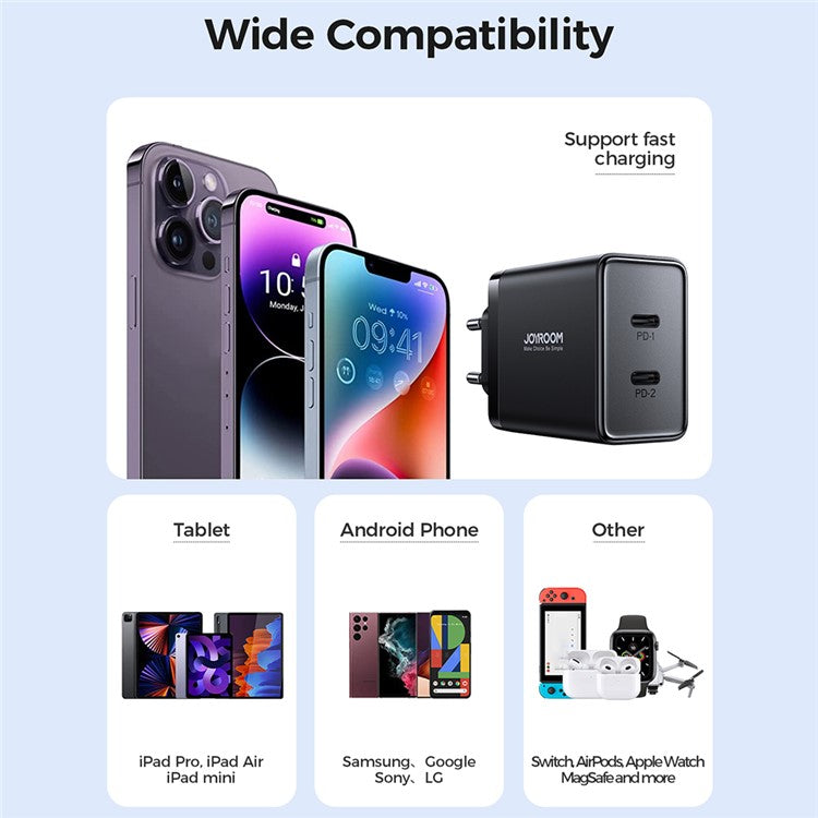 JOYROOM TCF09 PD 40W Fast Charger Portable Power Adapter Type-C Dual Port Charging Block, EU Plug