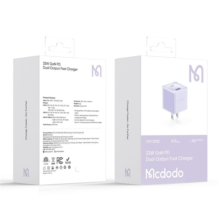 MCDODO CH-413 US Plug 33W GaN USB+Type-C Fireproof PC Wall Charger Phone Charging Adapter - Purple