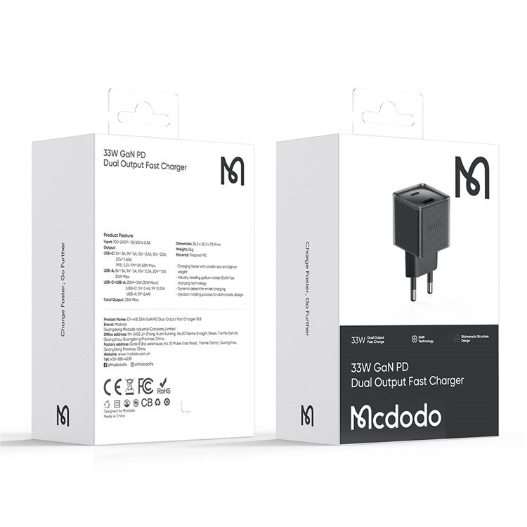 MCDODO CH-415 33W GaN USB+Type-C EU Plug Wall Charger Fireproof PC Phone Tablet Power Adapter - Black
