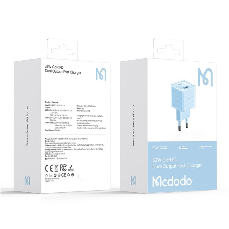 MCDODO CH-415 33W GaN USB+Type-C EU Plug Wall Charger Fireproof PC Phone Tablet Power Adapter - Blue