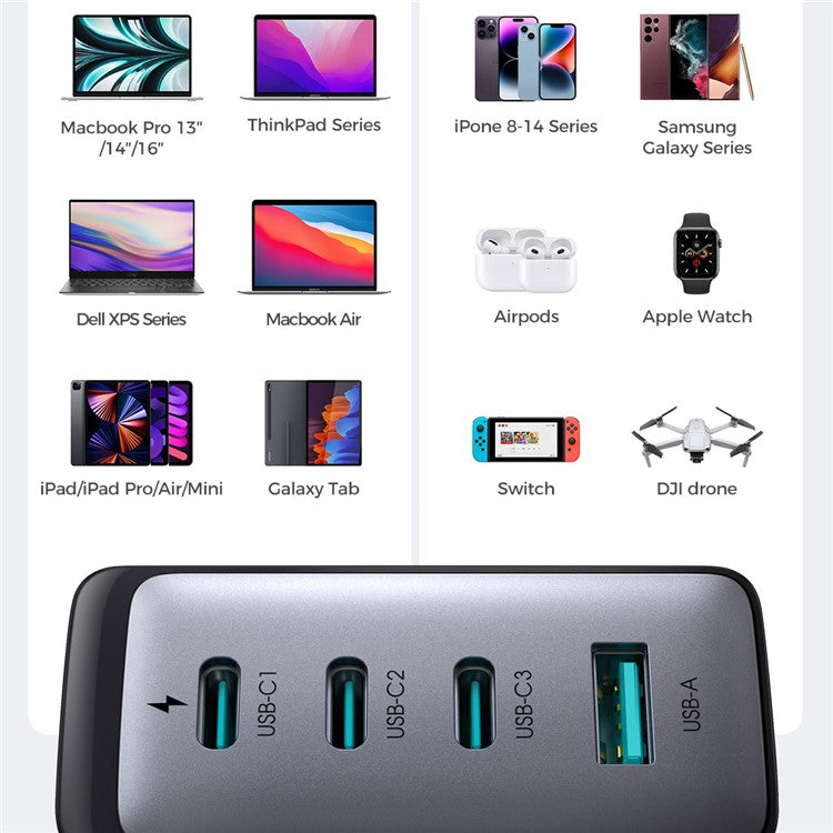 JOYROOM JR-TCG04 100W Fast Charging GaN Wall Charger with 3 Type-C+USB Multi-Port Charger Adapter, US Plug