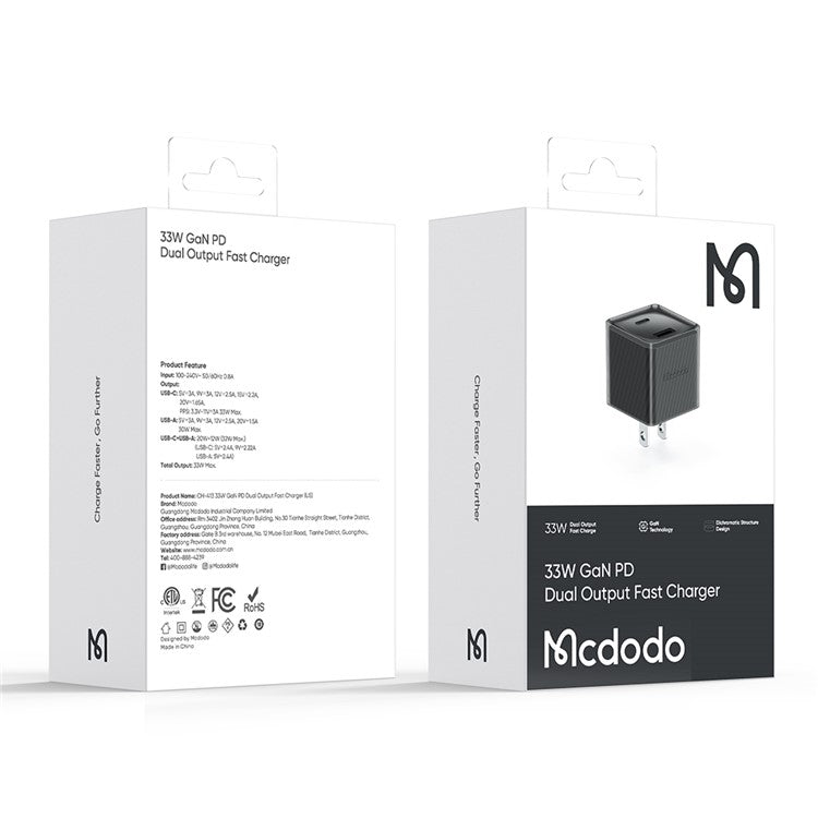 MCDODO CH-413 Dichromatic Series Charging Block 33W USB-A + Type-C Dual Port PD GaN Charger - Black