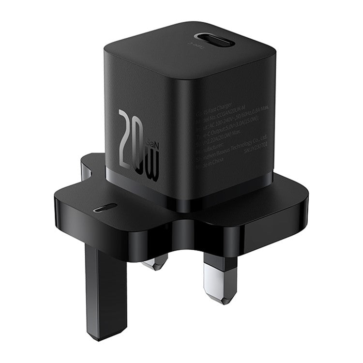 BASEUS GaN5 Mini Fast Charger Portable Type-C 20W Wall Charger Adapter, UK Plug - Black