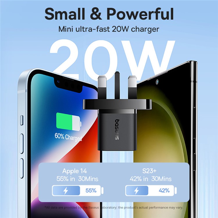 BASEUS GaN5 Mini Fast Charger Portable Type-C 20W Wall Charger Adapter, UK Plug - Black