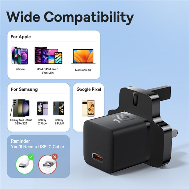 BASEUS GaN5 Mini Fast Charger Portable Type-C 20W Wall Charger Adapter, UK Plug - Black