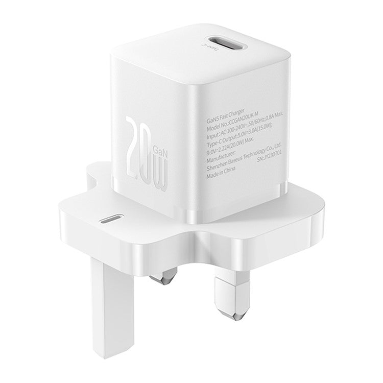 BASEUS GaN5 Mini Fast Charger Portable Type-C 20W Wall Charger Adapter, UK Plug - White