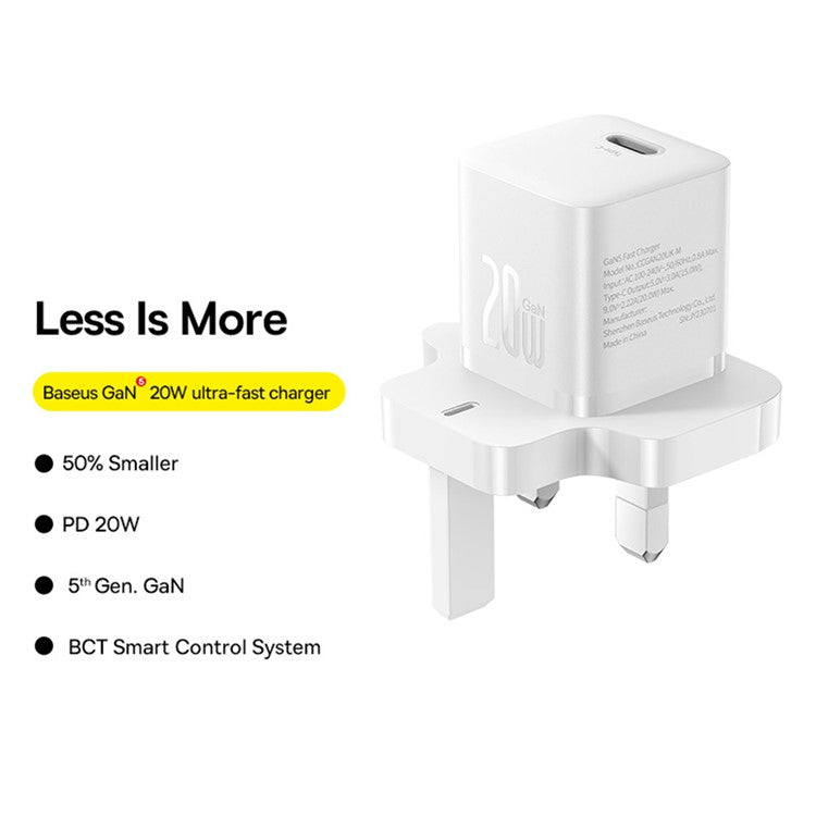 BASEUS GaN5 Mini Fast Charger Portable Type-C 20W Wall Charger Adapter, UK Plug - White