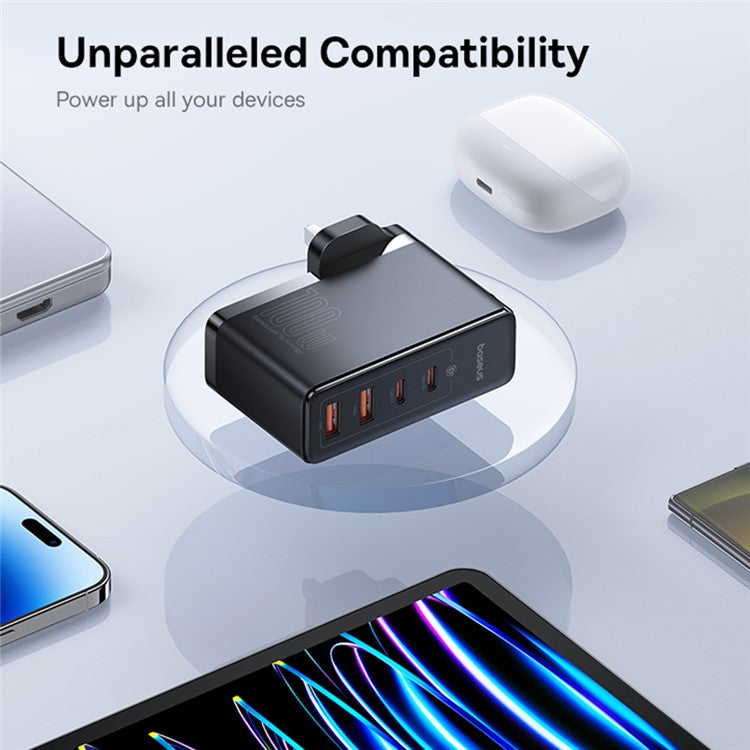 BASEUS GaN5 Pro Wall Charger UK Plug 2*Type-C+2*USB-A 100W Fast Charging Block, with 1m Type-C to Type-C Cable 100W (20V / 5A) - Black