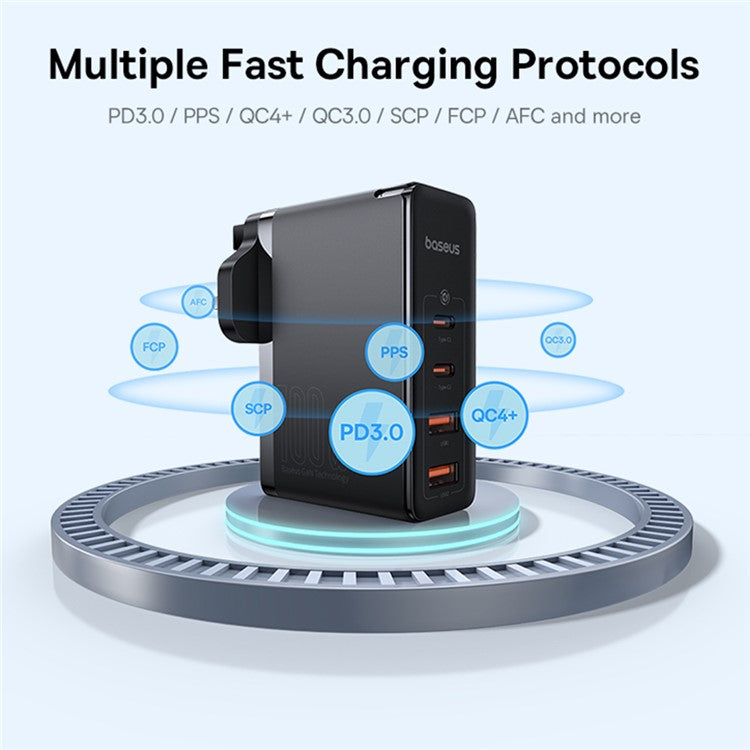 BASEUS GaN5 Pro Wall Charger UK Plug 2*Type-C+2*USB-A 100W Fast Charging Block, with 1m Type-C to Type-C Cable 100W (20V / 5A) - Black