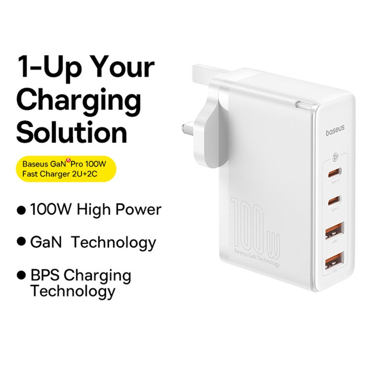 BASEUS GaN5 Pro Wall Charger UK Plug 2*Type-C+2*USB-A 100W Fast Charging Block, with 1m Type-C to Type-C Cable 100W (20V / 5A) - White