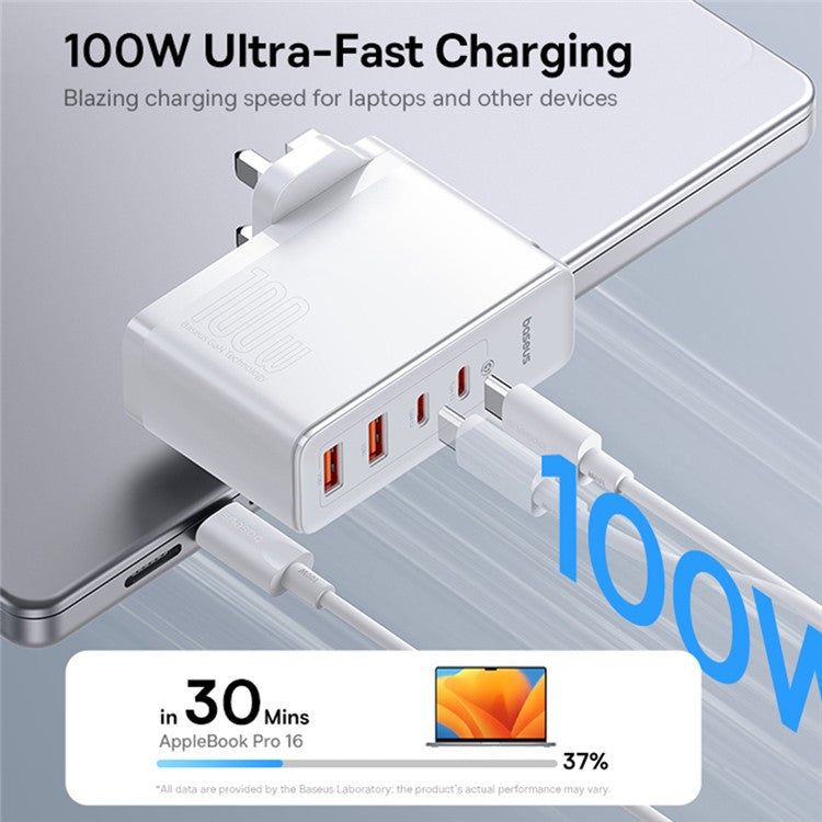 BASEUS GaN5 Pro Wall Charger UK Plug 2*Type-C+2*USB-A 100W Fast Charging Block, with 1m Type-C to Type-C Cable 100W (20V / 5A) - White