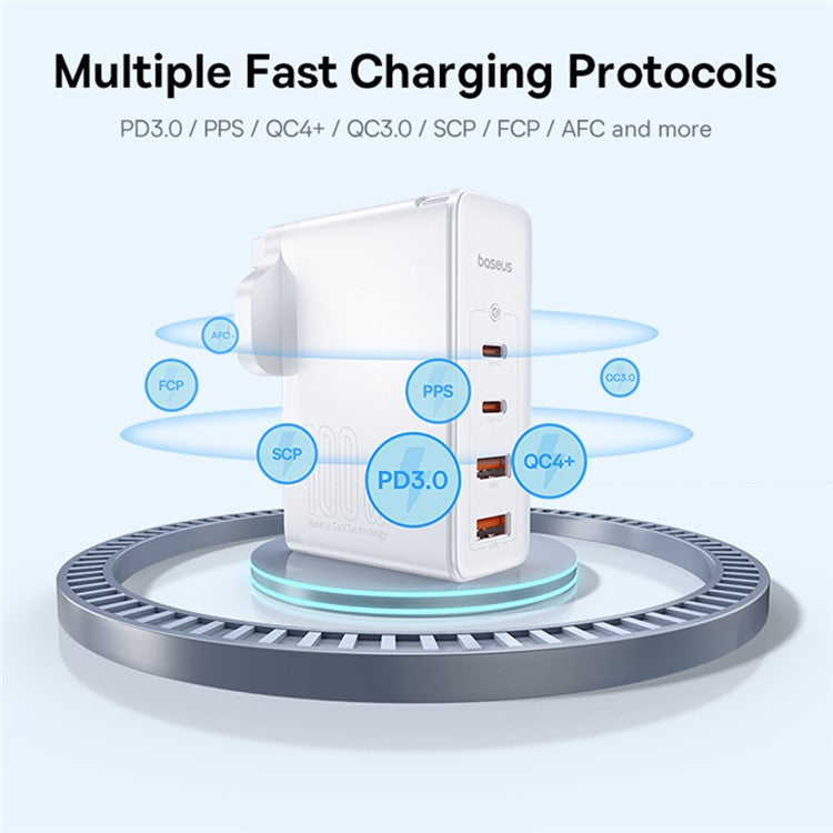 BASEUS GaN5 Pro Wall Charger UK Plug 2*Type-C+2*USB-A 100W Fast Charging Block, with 1m Type-C to Type-C Cable 100W (20V / 5A) - White