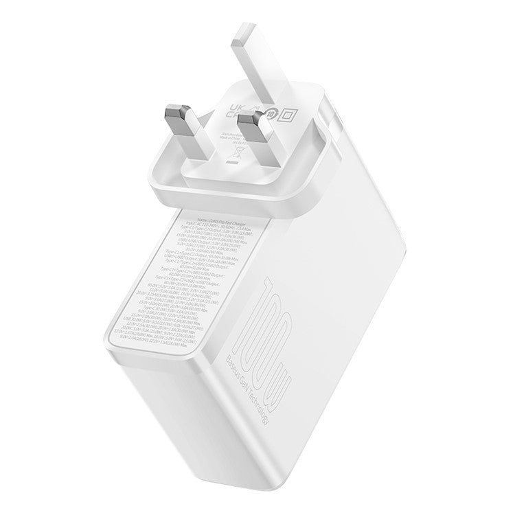 BASEUS GaN5 Pro Wall Charger UK Plug 2*Type-C+2*USB-A 100W Fast Charging Block, with 1m Type-C to Type-C Cable 100W (20V / 5A) - White