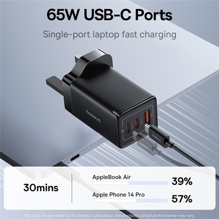 BASEUS GaN5 Pro Fast Charger 2 Type-C+USB-A 65W UK Plug Charging Adapter, with Type-C to Type-C Cable 100W (20V / 5A) 1m - Black