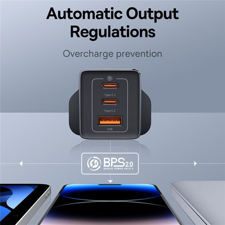 BASEUS GaN5 Pro Fast Charger 2 Type-C+USB-A 65W UK Plug Charging Adapter, with Type-C to Type-C Cable 100W (20V / 5A) 1m - Black