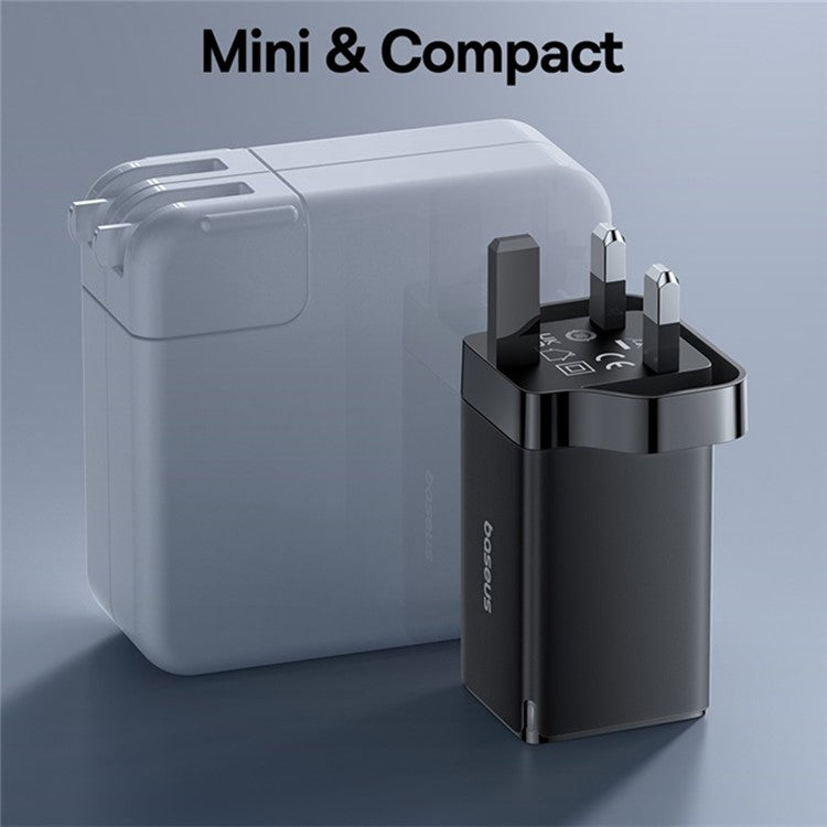 BASEUS GaN5 Pro Fast Charger 2 Type-C+USB-A 65W UK Plug Charging Adapter, with Type-C to Type-C Cable 100W (20V / 5A) 1m - Black