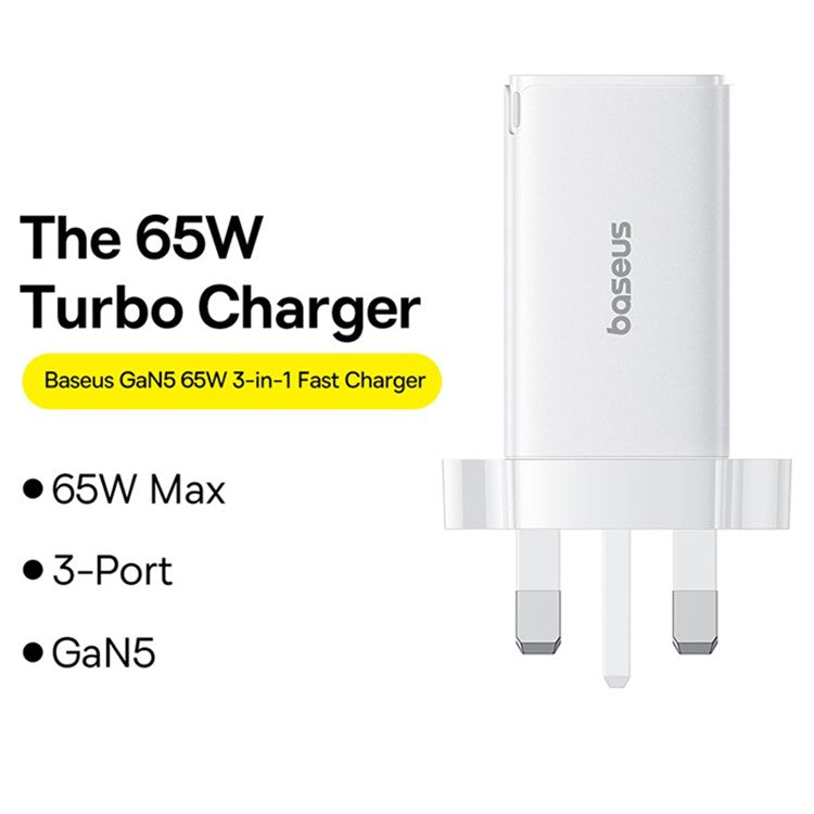 BASEUS GaN5 Pro Fast Charger 2 Type-C+USB-A 65W UK Plug Charging Adapter, with Type-C to Type-C Cable 100W (20V / 5A) 1m - White