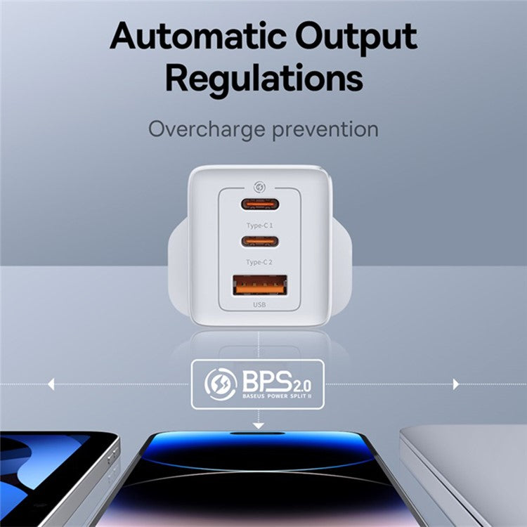 BASEUS GaN5 Pro Fast Charger 2 Type-C+USB-A 65W UK Plug Charging Adapter, with Type-C to Type-C Cable 100W (20V / 5A) 1m - White