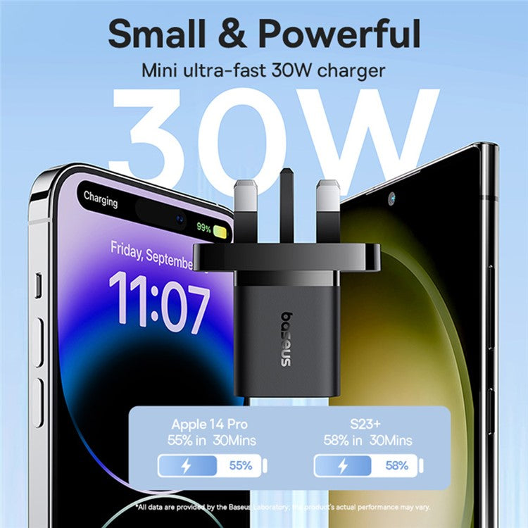 BASEUS GaN5 Fast Charging Adapter Mini Edition Type-C Single Port 30W UK Plug Wall Charger - Black