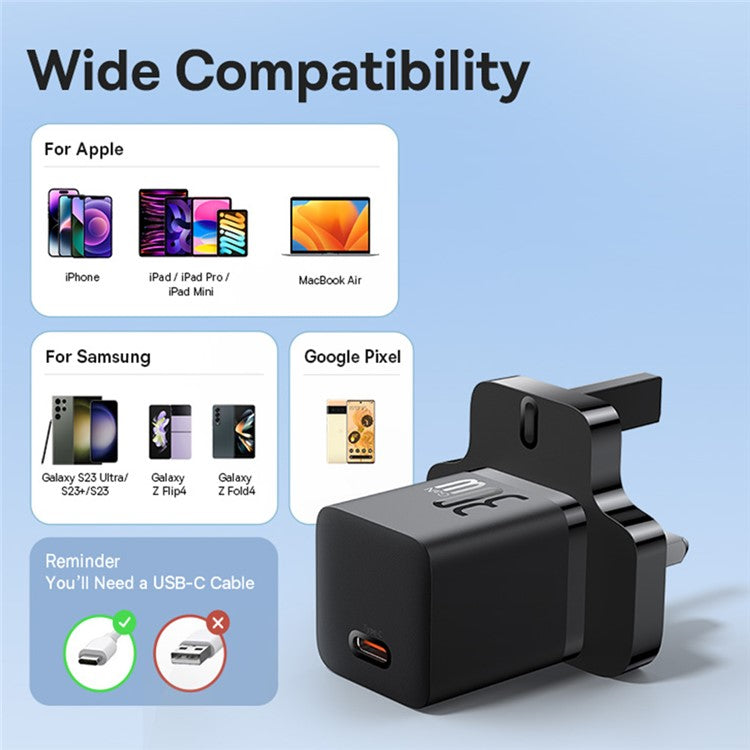 BASEUS GaN5 Fast Charging Adapter Mini Edition Type-C Single Port 30W UK Plug Wall Charger - Black