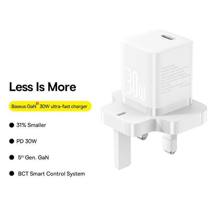 BASEUS GaN5 Fast Charging Adapter Mini Edition Type-C Single Port 30W UK Plug Wall Charger - White
