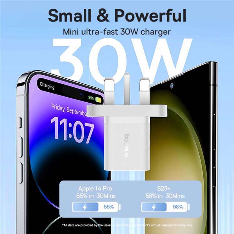 BASEUS GaN5 Fast Charging Adapter Mini Edition Type-C Single Port 30W UK Plug Wall Charger - White