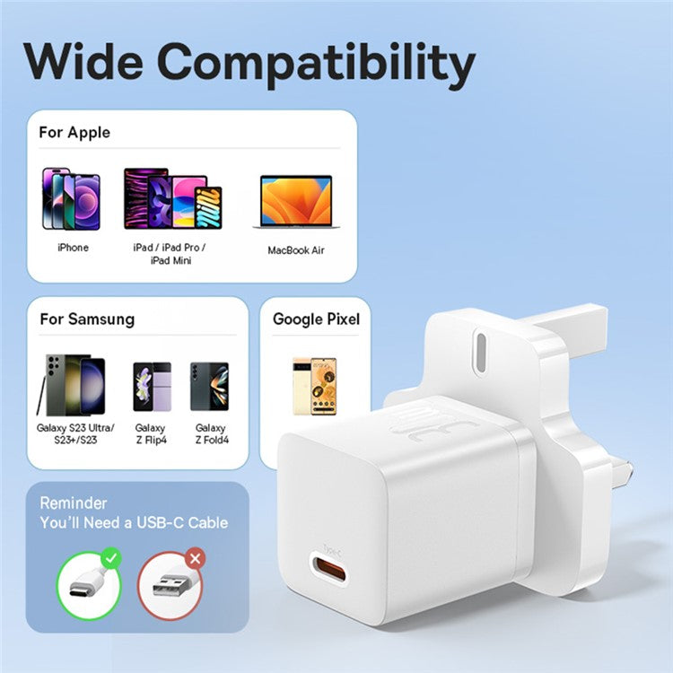 BASEUS GaN5 Fast Charging Adapter Mini Edition Type-C Single Port 30W UK Plug Wall Charger - White