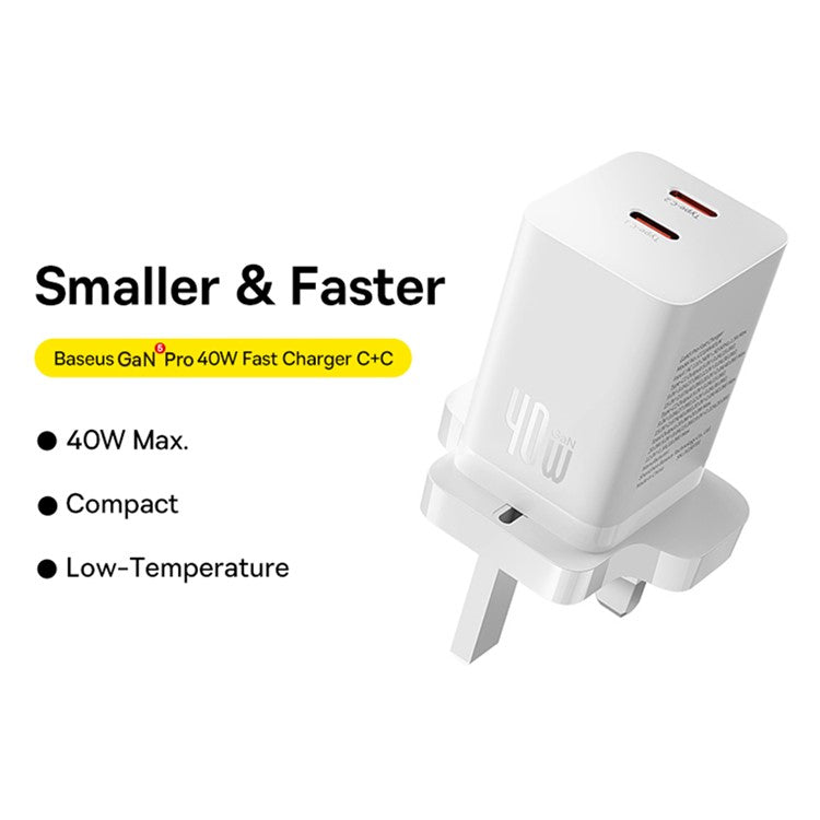 BASEUS GaN5 Pro Fast Charger Type-C + Type-C Dual Output 40W UK Plug Charging Adapter - White