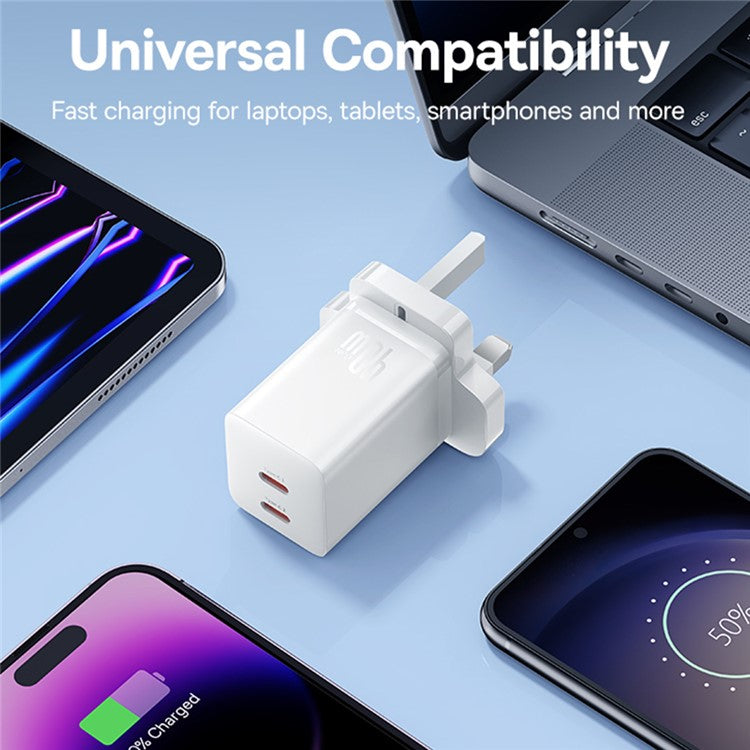 BASEUS GaN5 Pro Fast Charger Type-C + Type-C Dual Output 40W UK Plug Charging Adapter - White