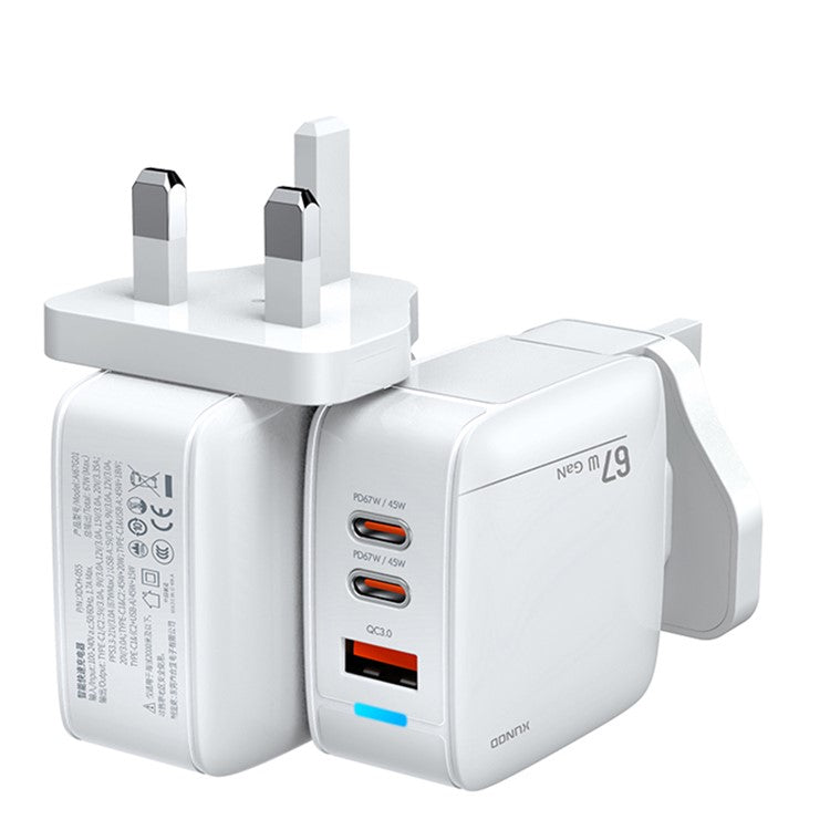 XUNDD XDCH-055 67W Fast Charging Adapter Dual Type-C+USB-A 3.0 Wall Charger - CN+UK Plug