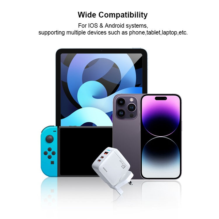 XUNDD XDCH-055 67W Fast Charging Adapter Dual Type-C+USB-A 3.0 Wall Charger - CN+UK Plug