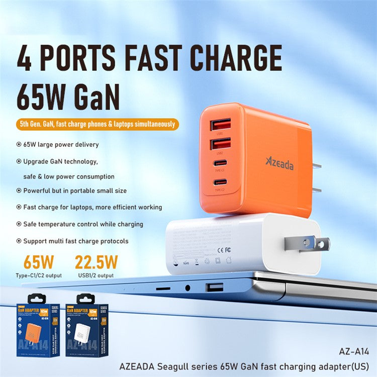 AZEADA 65W Fast Charging Adapter 2 Type-C + 2 USB Portable GaN Wall Charger - Orange / US Plug