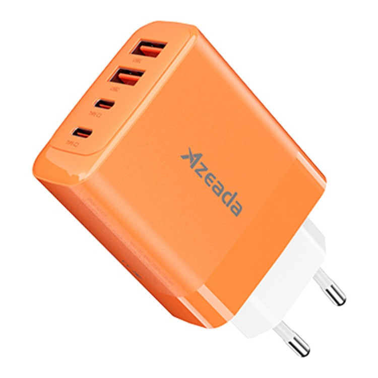 AZEADA 65W Fast Charging Adapter 2 Type-C + 2 USB Portable GaN Wall Charger - Orange / EU Plug