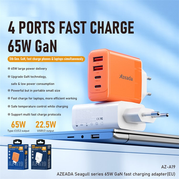 AZEADA 65W Fast Charging Adapter 2 Type-C + 2 USB Portable GaN Wall Charger - Orange / EU Plug