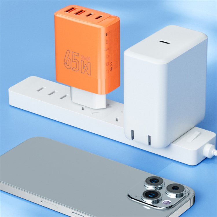 AZEADA 65W Fast Charging Adapter 2 Type-C + 2 USB Portable GaN Wall Charger - Orange / EU Plug