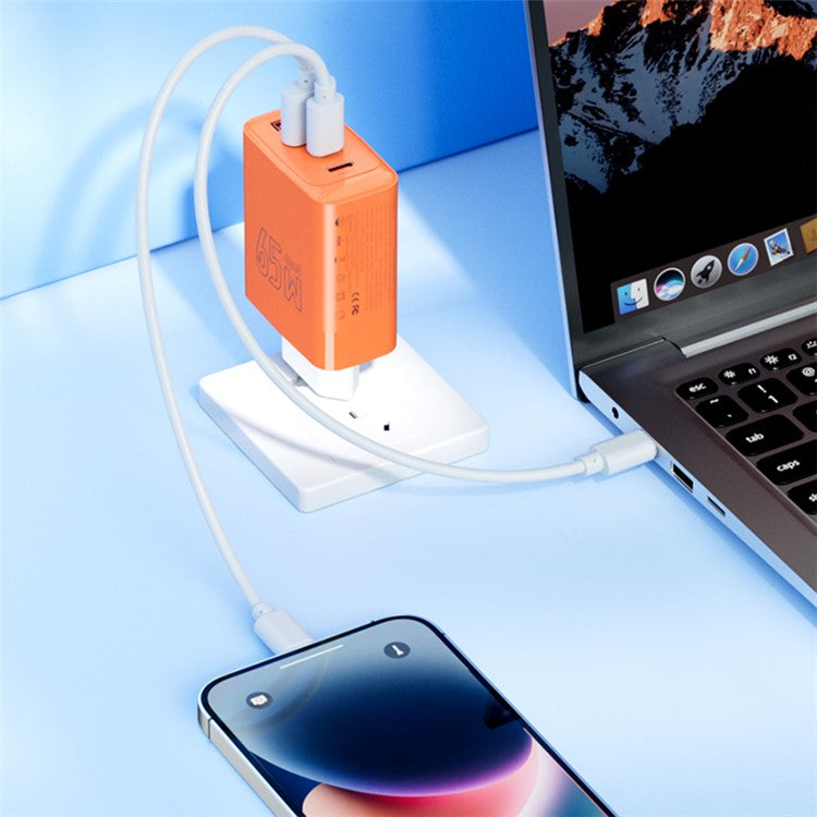 AZEADA 65W Fast Charging Adapter 2 Type-C + 2 USB Portable GaN Wall Charger - Orange / EU Plug
