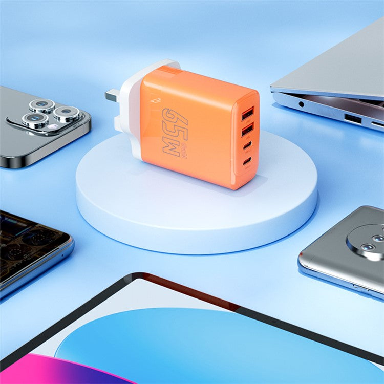 AZEADA 65W Fast Charging Adapter 2 Type-C + 2 USB Portable GaN Wall Charger - Orange / UK Plug