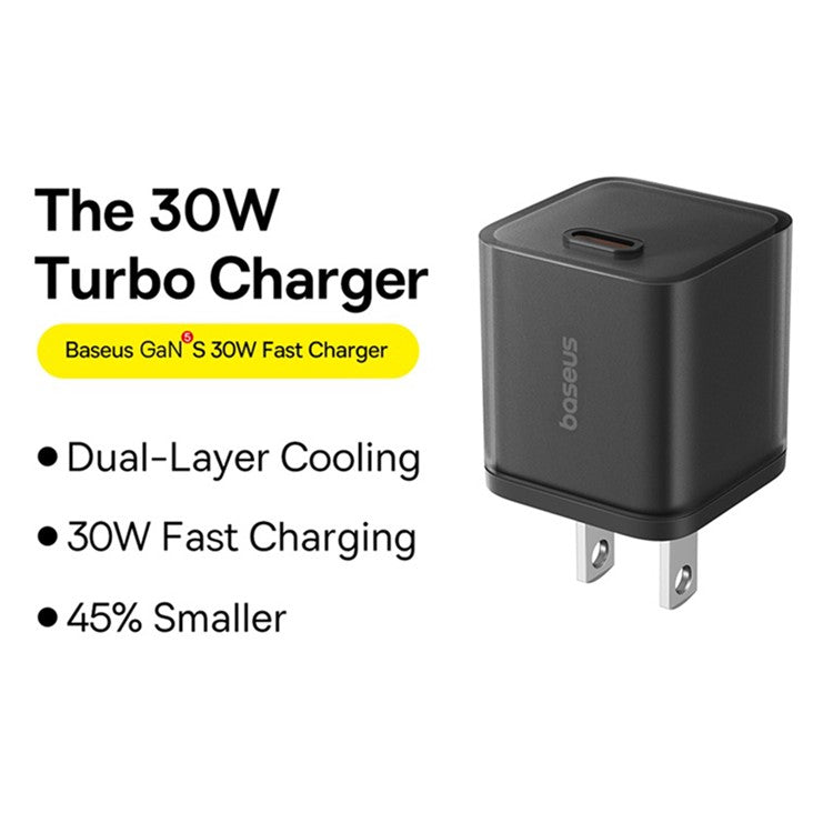 BASEUS GaN5S Fast Charger Portable Type-C 30W Wall Charger Adapter, US Plug - Black