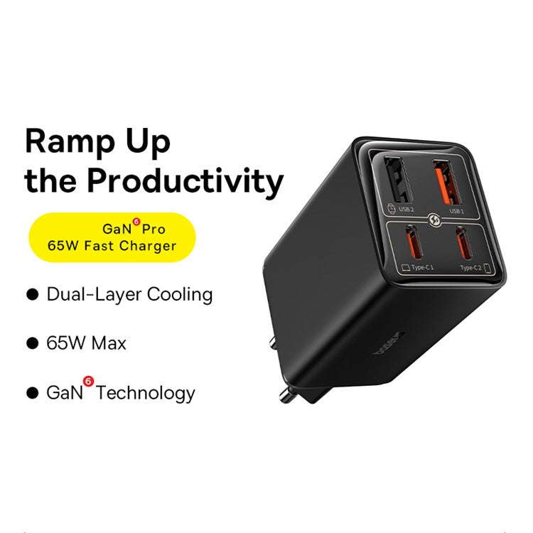 BASEUS GaN6 Pro 65W Fast Charger Adapter 2Type-C+2USB Wall Charger Block, EU Plug - Black