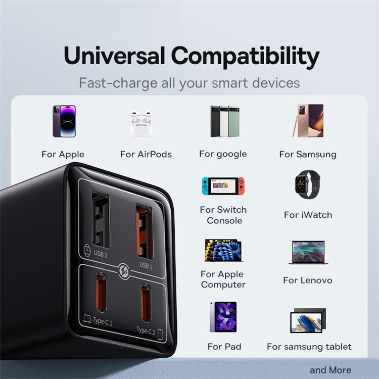 BASEUS GaN6 Pro 65W Fast Charger Adapter 2Type-C+2USB Wall Charger Block, EU Plug - Black