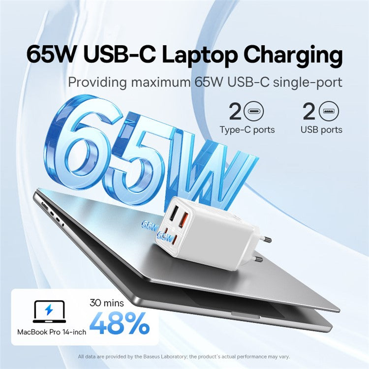 BASEUS GaN6 Pro 65W Fast Charger Adapter 2Type-C+2USB Wall Charger Block, EU Plug - White