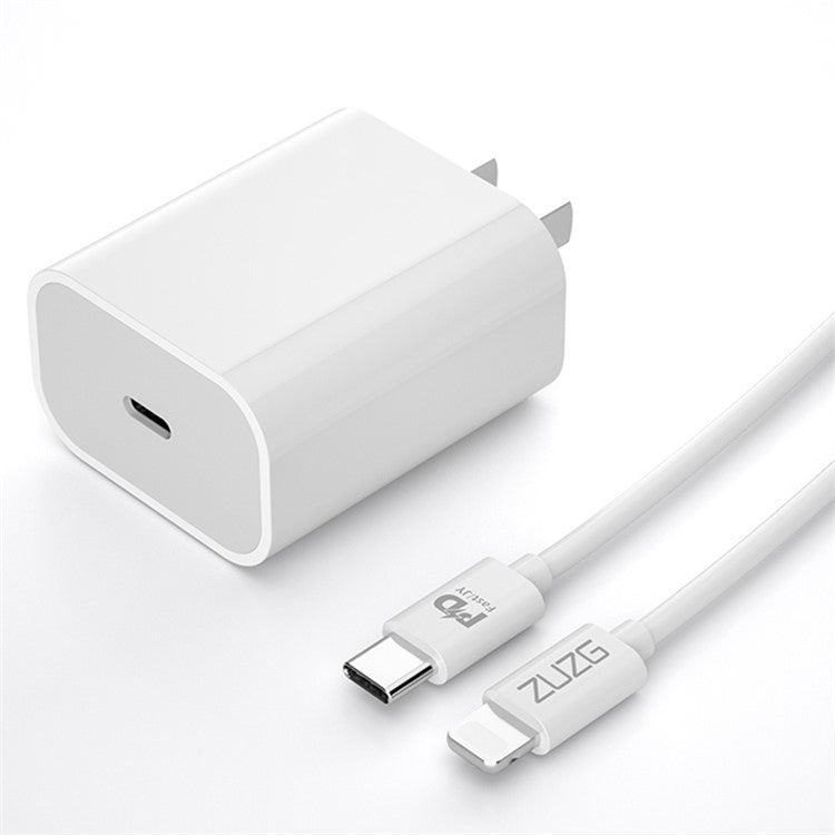 ZUZG USB-C PD 20W Fast Charging Power Adapter with 1m Type-C to iP Cable, Portable Wall Charger Block